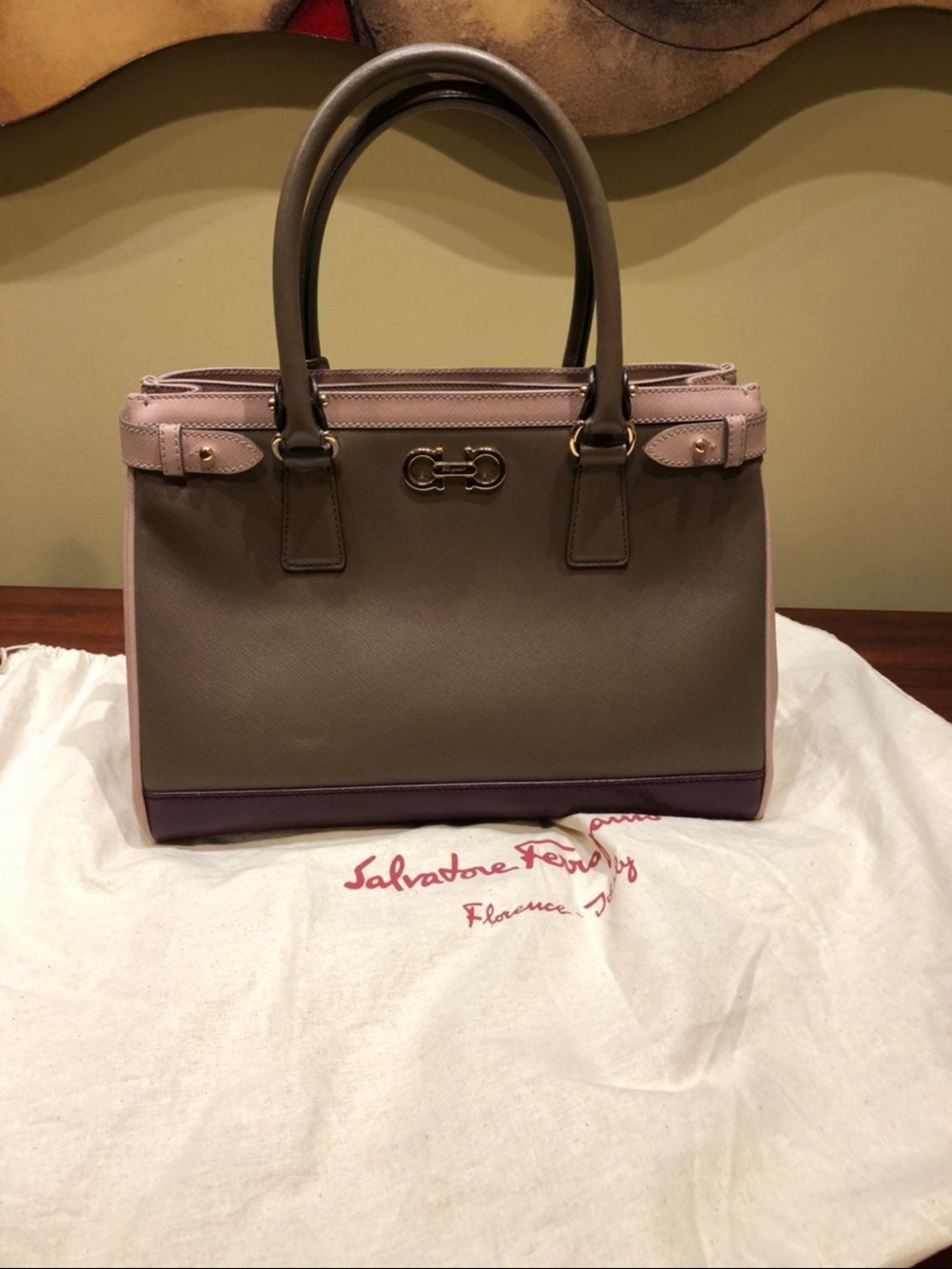 Salvatore Ferragamo Taupe, Pink & Purple Leather Top-Handle Satchel